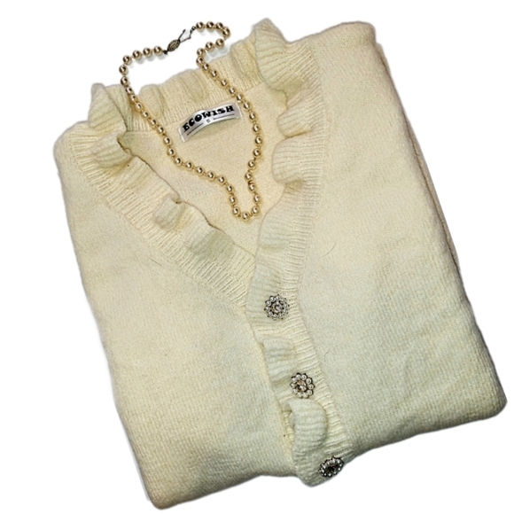 Ecowish Cream Ruffle Pearl & Rhinestone Button Womens Long Sleeve Sweater Size S - Picture 10 of 10
